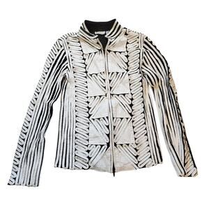 Obstinee Womens Textured Jacket Size 4 White Black Full Zip Mesh Lined High Neck